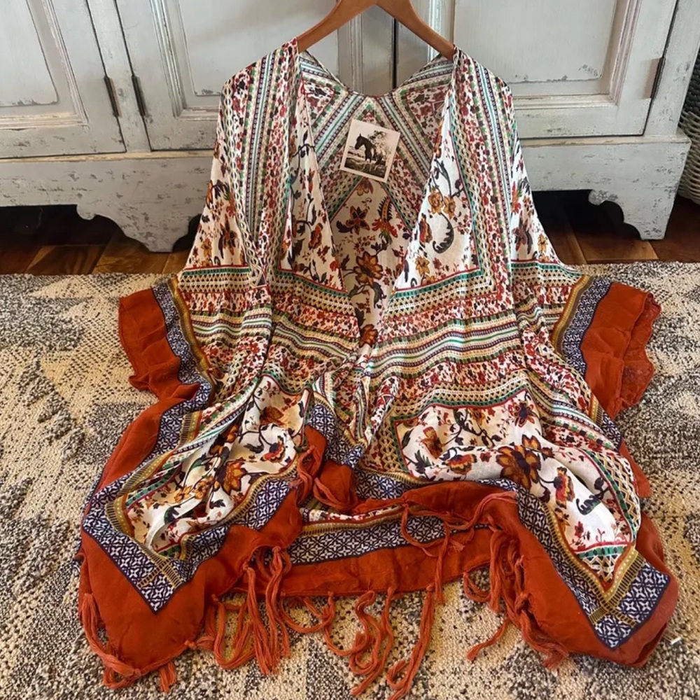 New Boho Lightweight Cardigan Kimono Top Fringe Hem Cotton Beach Denim …